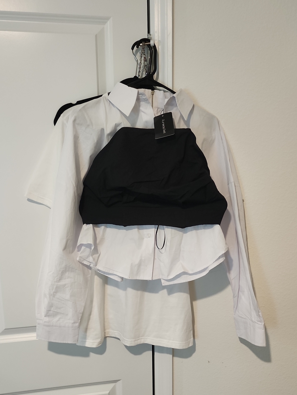 Women's White Button-Down Shirt with Black Cropped Overlay